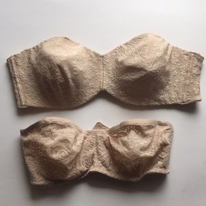 Lot of 2 strapless bras nude lace underwire